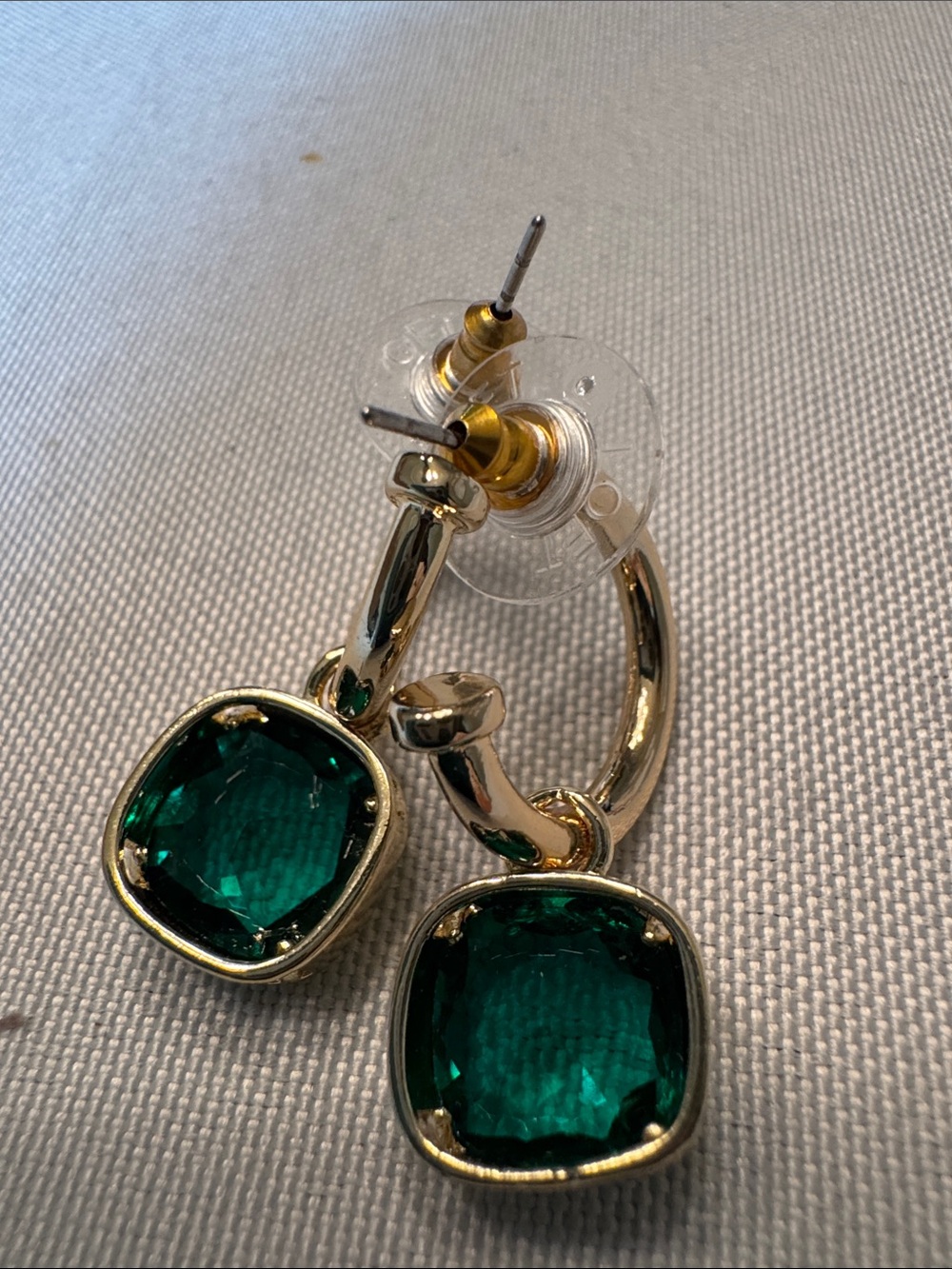 LOFT Gold Hoop Earrings with Deep Green Gemstone Drops - Picture 2 of 3